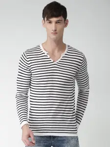 Celio Men White & Black Striped Pullover
