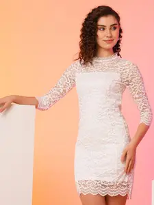 Globus Women High Neck Floral Lace Mini Bodycon Party Dress