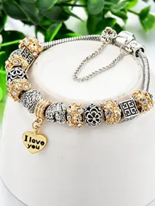 HOT AND BOLD Women Silver-Toned & Gold-Toned Brass Oxidised Rhodium-Plated Charm Bracelet