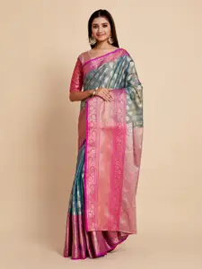MIMOSA Turquoise Blue & Pink Floral Zari Art Silk Kanjeevaram Saree