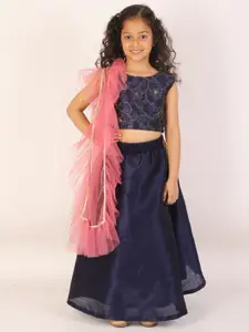 JBN Creation Girls Navy Blue & Peach-Coloured Embellished Thread Work Ready to Wear Lehenga & Blouse With