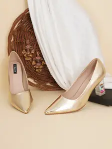 Sherrif Shoes Women Gold Embellished Party Block Heels