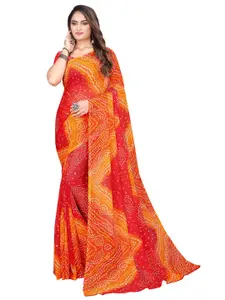 SAADHVI Red & Orange Bandhani Pure Georgette Bandhani Saree