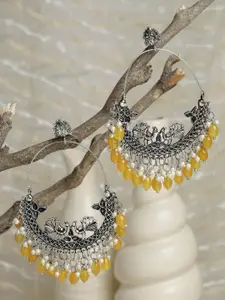 Moedbuille Women Yellow Pearls Silver-Plated Crescent Shaped Chandbalis Earrings