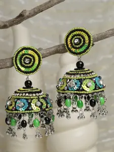 Moedbuille Women Green & Black Beads & Sequined Silver Plated Dome Shaped Jhumkas Earrings