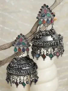 Moedbuille Green Silver Plated Dome Shaped Jhumkas Earrings