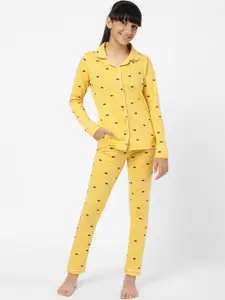 Sweet Dreams Girls Yellow & Black Printed Pure Cotton Night suit