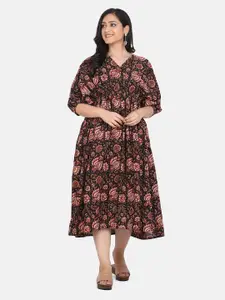 Saanjh Women Brown Ethnic Motifs Printed Cotton Midi Dress