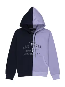 Status Quo Boys Navy Blue & Purple Colourblocked Hooded Sweatshirt