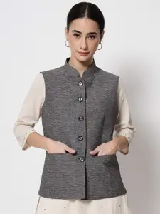 Vastraa Fusion Women Grey Woven Design Nehru Jacket