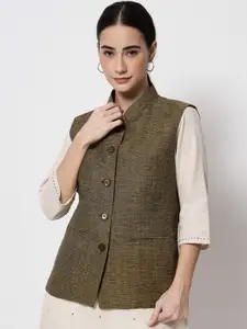 Vastraa Fusion Women Olive Green Woven Design Nehru Jacket