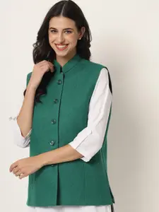 Vastraa Fusion Women Green Woven Design Woollen Nehru Jacket