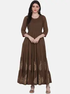 Saanjh Women Brown Printed Cotton Anarkali Gown Dress