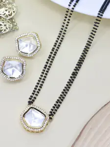 I Jewels Gold-Plated White & Black Stone-Studded & Beaded Mangalsutra With Earrings