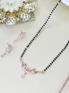 I Jewels Rose Gold-Plated White & Black Stone-Studded & Beaded Mangalsutra With Earrings