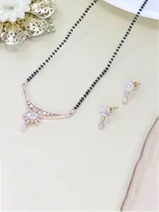 I Jewels Rose Gold-Plated White & Black Stone-Studded & Beaded Mangalsutra With Earrings