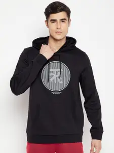 EDRIO Men Black Printed Hooded Sweatshirt
