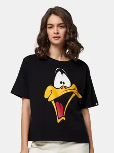 The Souled Store Women Black Looney Tunes Printed Oversized T-shirt