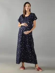 NIGHTSPREE Maternity Women Blue Printed Maxi Nightdress