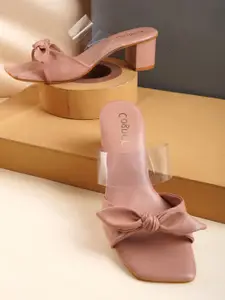 Cogner Beige & Transparent Bows Embellished Block Sandals