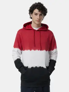 The Souled Store Men Red & White Colourblocked Hooded Pure Cotton Sweatshirt