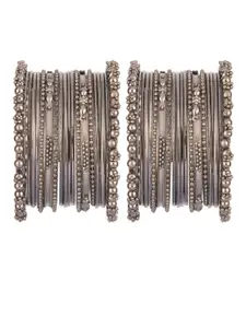 Efulgenz Oxidised Rhodium-Plated Silver Comtemporary Bangle Bracelet Set