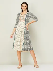 Colour Me by Melange Women Cream & Teal Printed Ethnic A-Line Dress