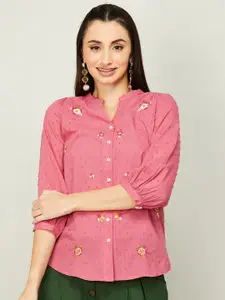 Colour Me by Melange Pink Floral Striped Mandarin Collar Shirt Style Pure Cotton Top