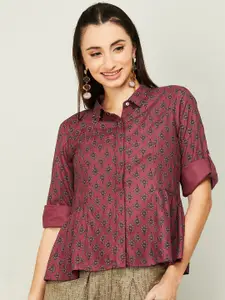 Colour Me by Melange Red Floral Print Roll-Up Sleeves Shirt Style Top