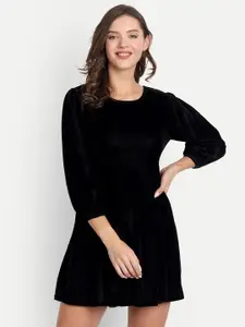D 'VESH Women Black Solid Velvet A-Line Mini Dress