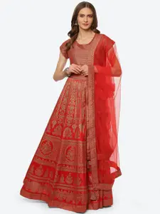 Biba Red & Gold-Toned Printed Ready to Wear Lehenga & Blouse With Dupatta