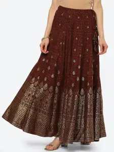 Biba Women Brown & Gold-Toned Ethnic Motifs Printed Maxi Skirt