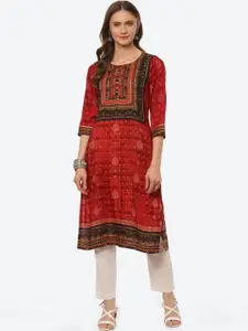 Biba Women Red & White Ethnic Motifs Printed Straight Kurta