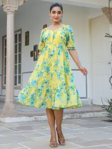 Janasya Women's Blue Georgette Floral Printed Flared Ethnic Dresses