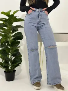 Aadvi Fashion Baggy Women Smart Straight Fit High-Rise Slash Knee Stretchable Jeans