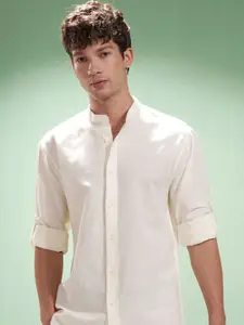 Highlander Men Cotton Linen Mandarin Collar Roll Up Sleeve Casual Shirt