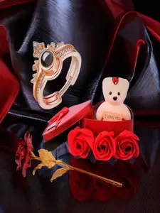 DIVASTRI Gold-Plated Stone Studded Crown Finger Ring With Teddy Bear & Rose