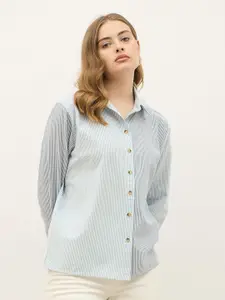 Styli Women Oversized Vertical Stripes Printed Cotton Casual Shirt