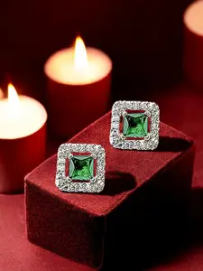 FEMMIBELLA Silver Plated American Diamond Studded Square Shaped Studs