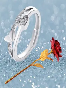 DIVASTRI Silver Plated Stones Studded Heart Ring & Rose