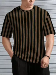 KAJARU Men Striped Self Design T-shirt