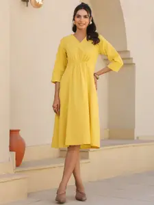 Janasya Women's Yellow Linen Cotton Solid A-line Dress