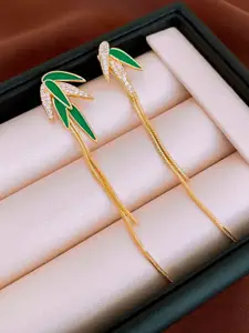 KRENOZ Gold-Plated Rhinestone Studded Leaf Shaped Drop Earrings