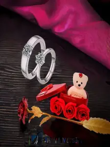 DIVASTRI Set Of 2 Silver Plated Stone Studded Couple Rings With Rose & Teddy