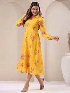 Janasya Women's Mustard Georgette Floral Printed A-line Dress