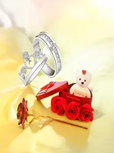 DIVASTRI Set Of 2 Silver-Plated Stones-Studded Crown Couple Finger Rings