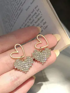 KRENOZ Gold-Plated Artificial Stones Studded Heart Shaped Drop Earrings