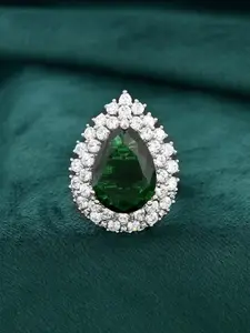 Voylla Sliver-Plated Sparkling Elegance Moonlit Shine Solitaire American Diamond Ring