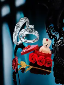 DIVASTRI Set Of 2 Silver Plated Crystals Stone Studded Couple Rings With Rose & Teddy
