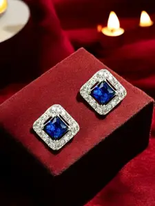 FEMMIBELLA Silver Plated American Diamond Studded Square Shaped Studs